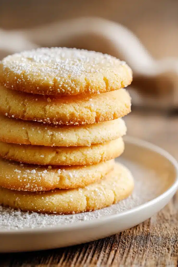Close-up of softly baked sugar cookies stacked on a white ceramic plate with powdered sugar dusting, showcasing soft and chewy texture and golden edges in warm natural light.