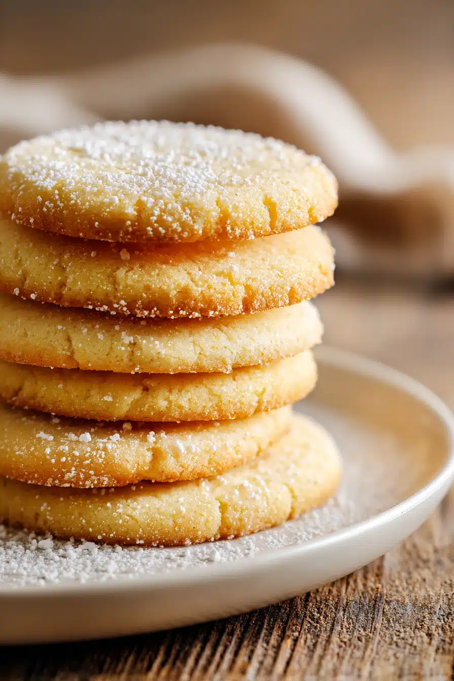 Close-up of softly baked sugar cookies stacked on a white ceramic plate with powdered sugar dusting, showcasing soft and chewy texture and golden edges in warm natural light.
