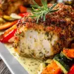 Close-up of two herb-crusted chicken breasts with golden crispy crust, garnished with rosemary, surrounded by roasted carrots, zucchini, and red bell peppers on a white rectangular plate under warm natural light.