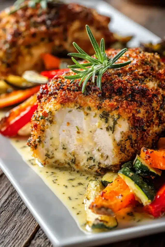 Close-up of two herb-crusted chicken breasts with golden crispy crust, garnished with rosemary, surrounded by roasted carrots, zucchini, and red bell peppers on a white rectangular plate under warm natural light.