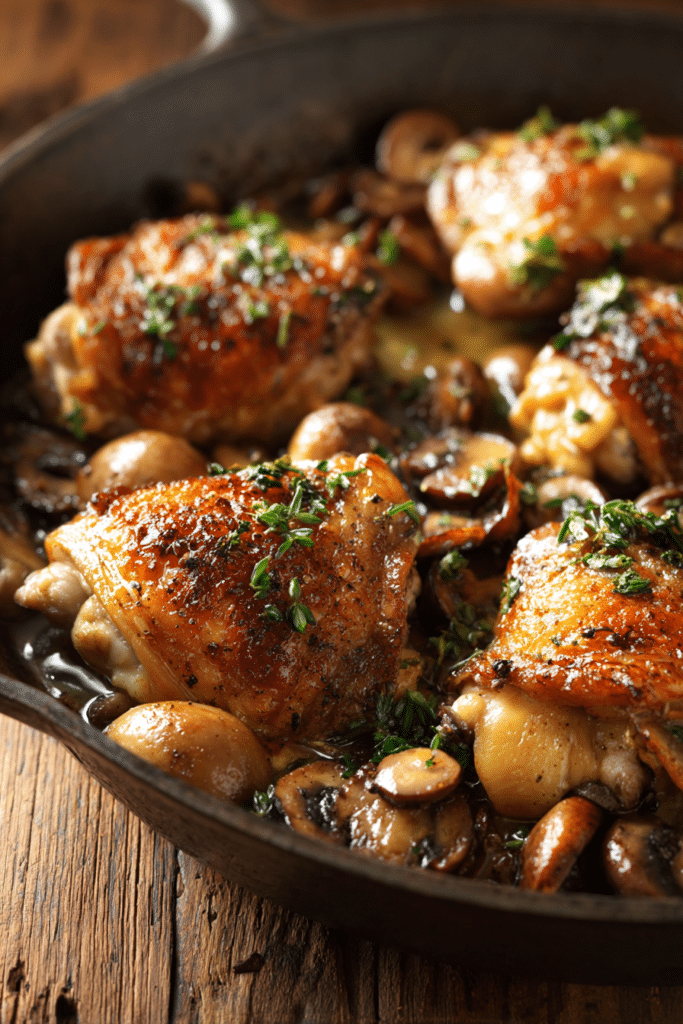 Close-up of golden seared garlic mushroom chicken on a rustic wooden surface, highlighting sautéed mushrooms and fresh herbs in warm natural light