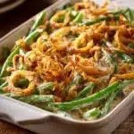 Close-up of classic green bean casserole baked in a rectangular dish, creamy with mushroom sauce, fresh green beans, and crispy fried onion topping on rustic wooden surface