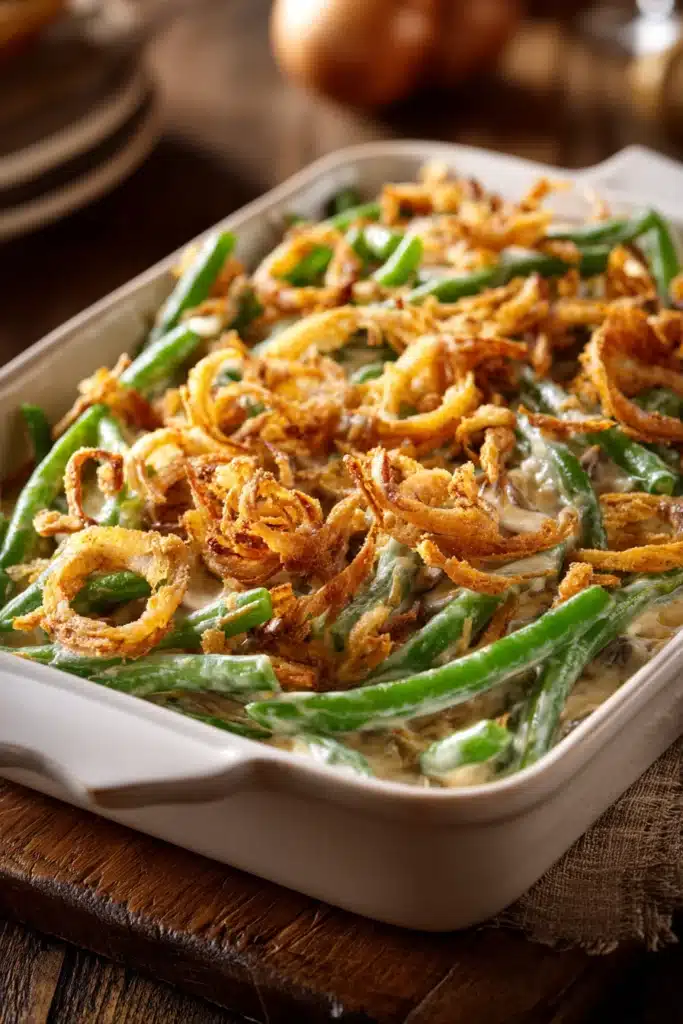 Close-up of classic green bean casserole baked in a rectangular dish, creamy with mushroom sauce, fresh green beans, and crispy fried onion topping on rustic wooden surface
