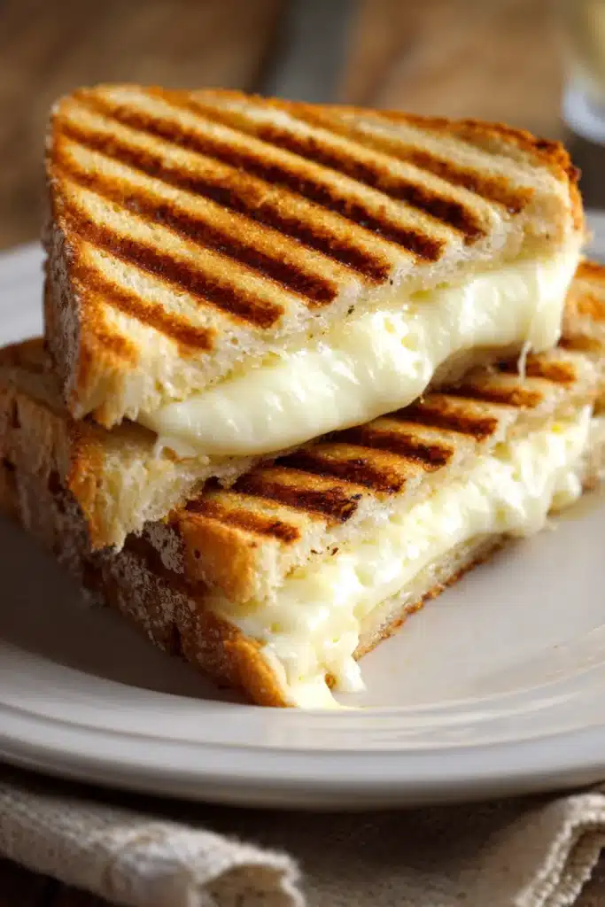 Close-up top-down photo of a grilled mozzarella sandwich cut diagonally, showing golden brown bread with grill marks and melted fresh mozzarella cheese on a white ceramic plate