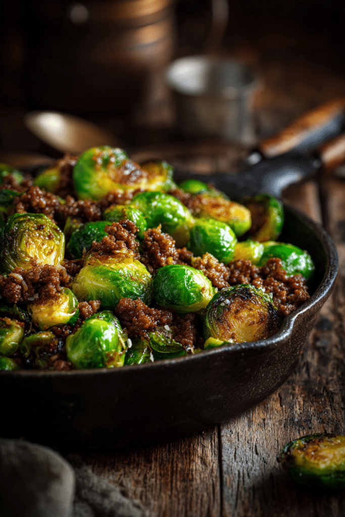Close-up of a rustic skillet with browned ground beef and caramelized Brussels sprouts on a wooden surface under warm natural light