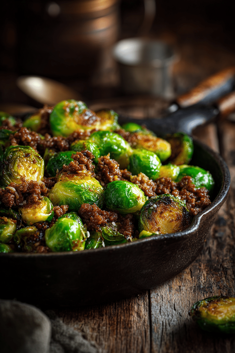 Close-up of a rustic skillet with browned ground beef and caramelized Brussels sprouts on a wooden surface under warm natural light