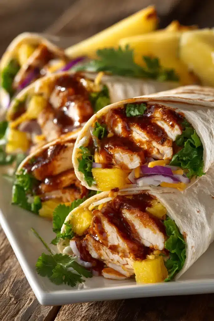 Close-up of Hawaiian BBQ Chicken Wraps cut in half showing grilled chicken, pineapple chunks, shredded lettuce, red onion, cheddar cheese, and cilantro on a white rectangular plate