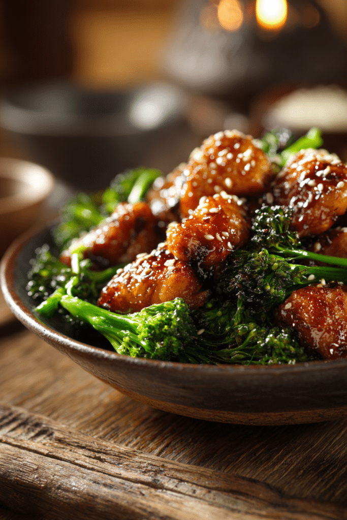 Close-up of healthy sesame chicken and broccoli on rustic wooden surface with sesame seeds and warm natural lighting highlighting textures