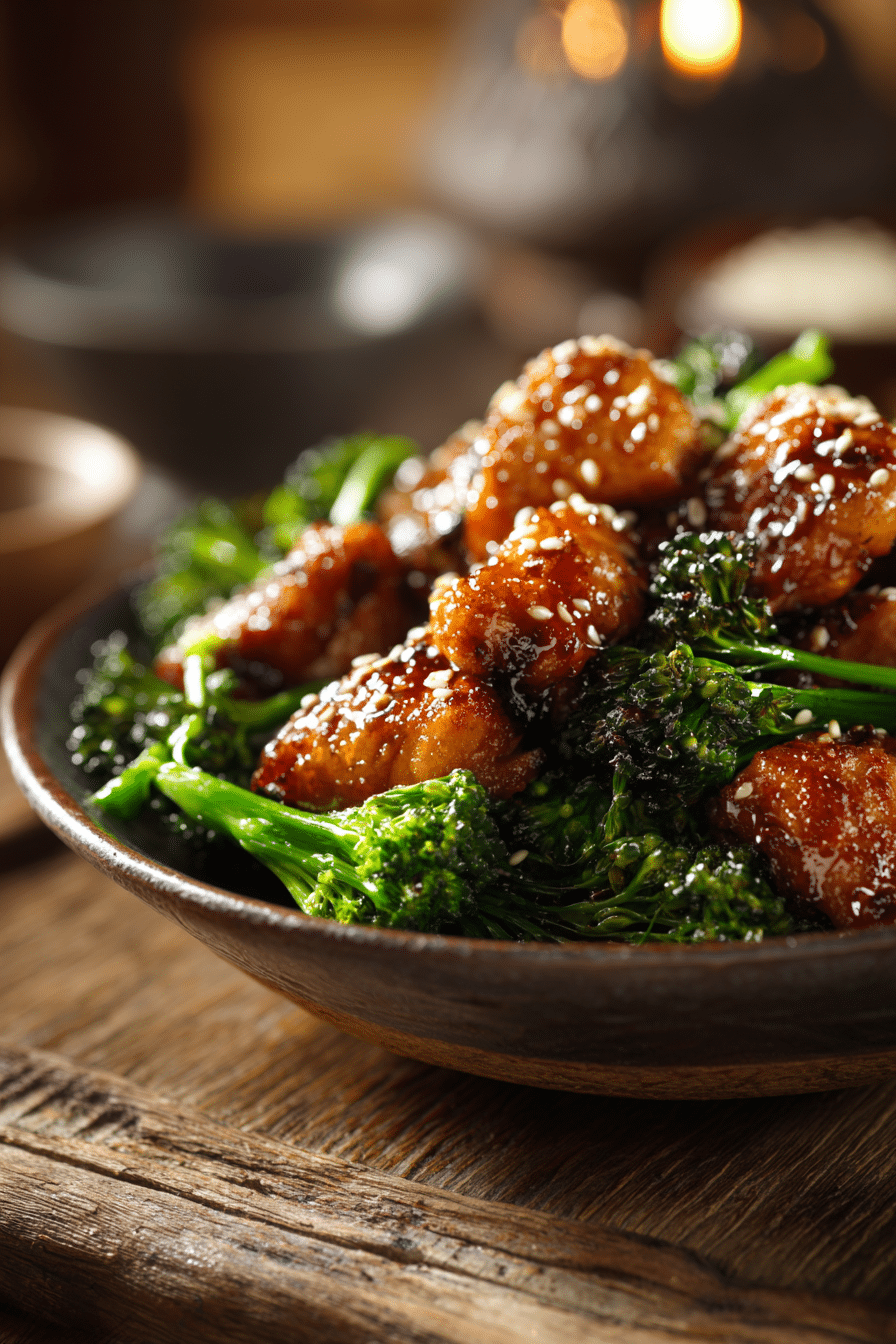 Close-up of healthy sesame chicken and broccoli on rustic wooden surface with sesame seeds and warm natural lighting highlighting textures
