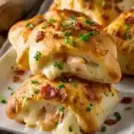 Close-up of homemade baked chicken pockets with golden brown bread, melted mozzarella and cheddar cheese, diced cooked chicken, green onions, and bacon bits on a white rectangular plate with ranch dressing ramekin.