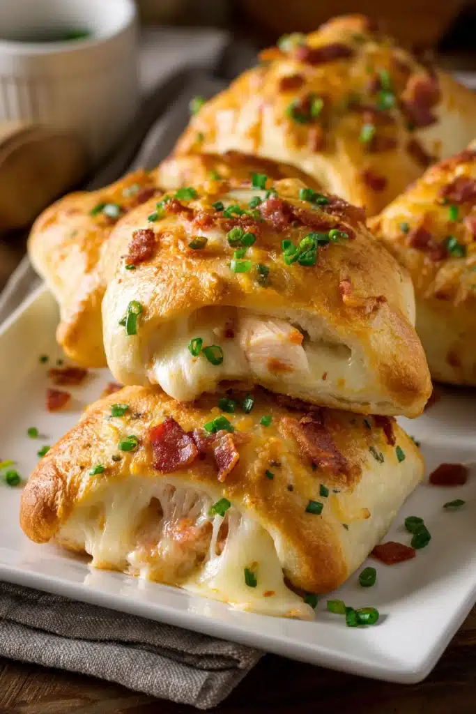 Close-up of homemade baked chicken pockets with golden brown bread, melted mozzarella and cheddar cheese, diced cooked chicken, green onions, and bacon bits on a white rectangular plate with ranch dressing ramekin.