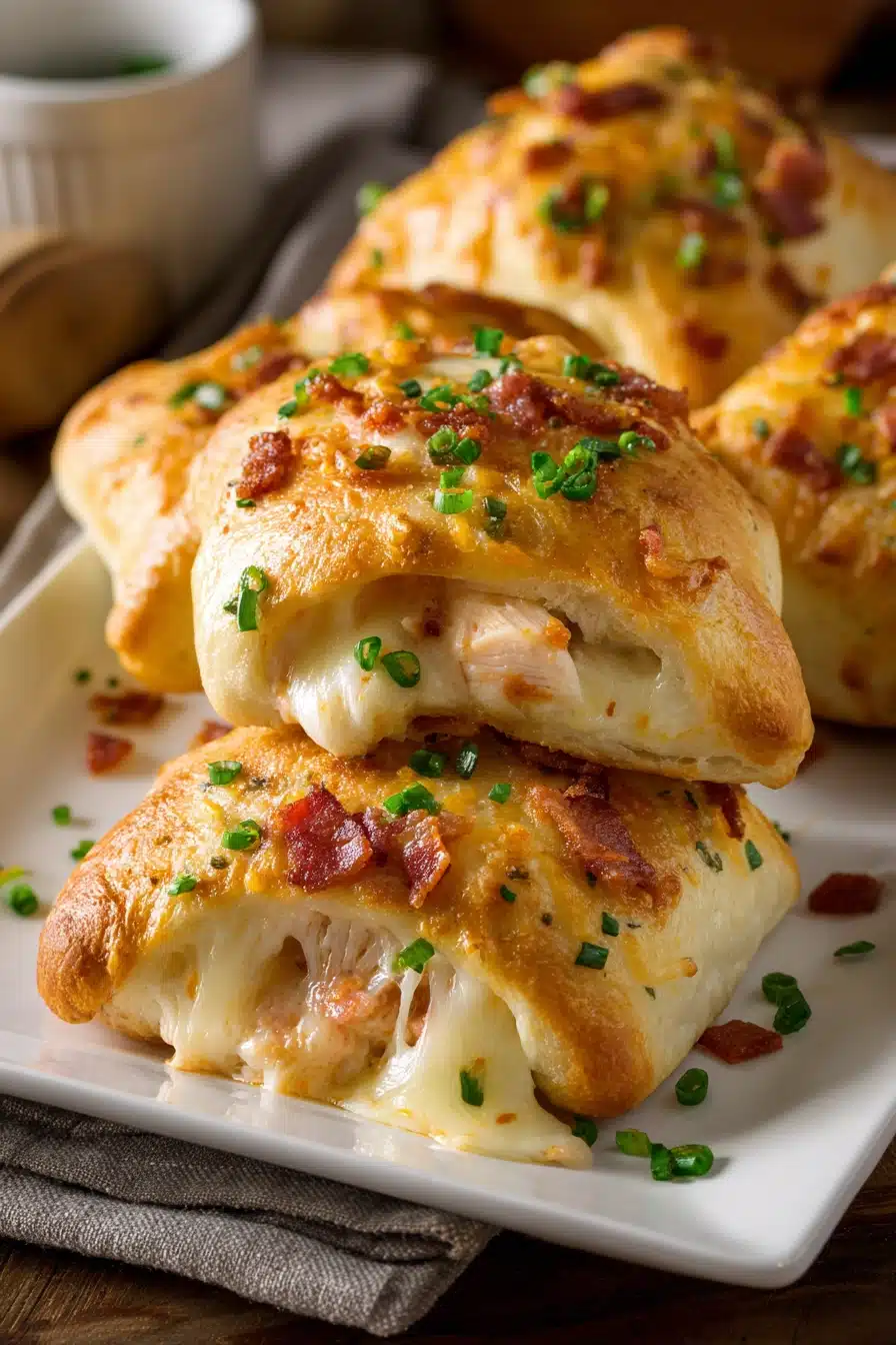 Close-up of homemade baked chicken pockets with golden brown bread, melted mozzarella and cheddar cheese, diced cooked chicken, green onions, and bacon bits on a white rectangular plate with ranch dressing ramekin.