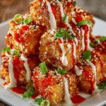Close-up of golden crispy bite-sized salmon pieces on a white square plate, topped with creamy spicy bang bang sauce, chopped green onions, and sesame seeds on a rustic wooden surface.
