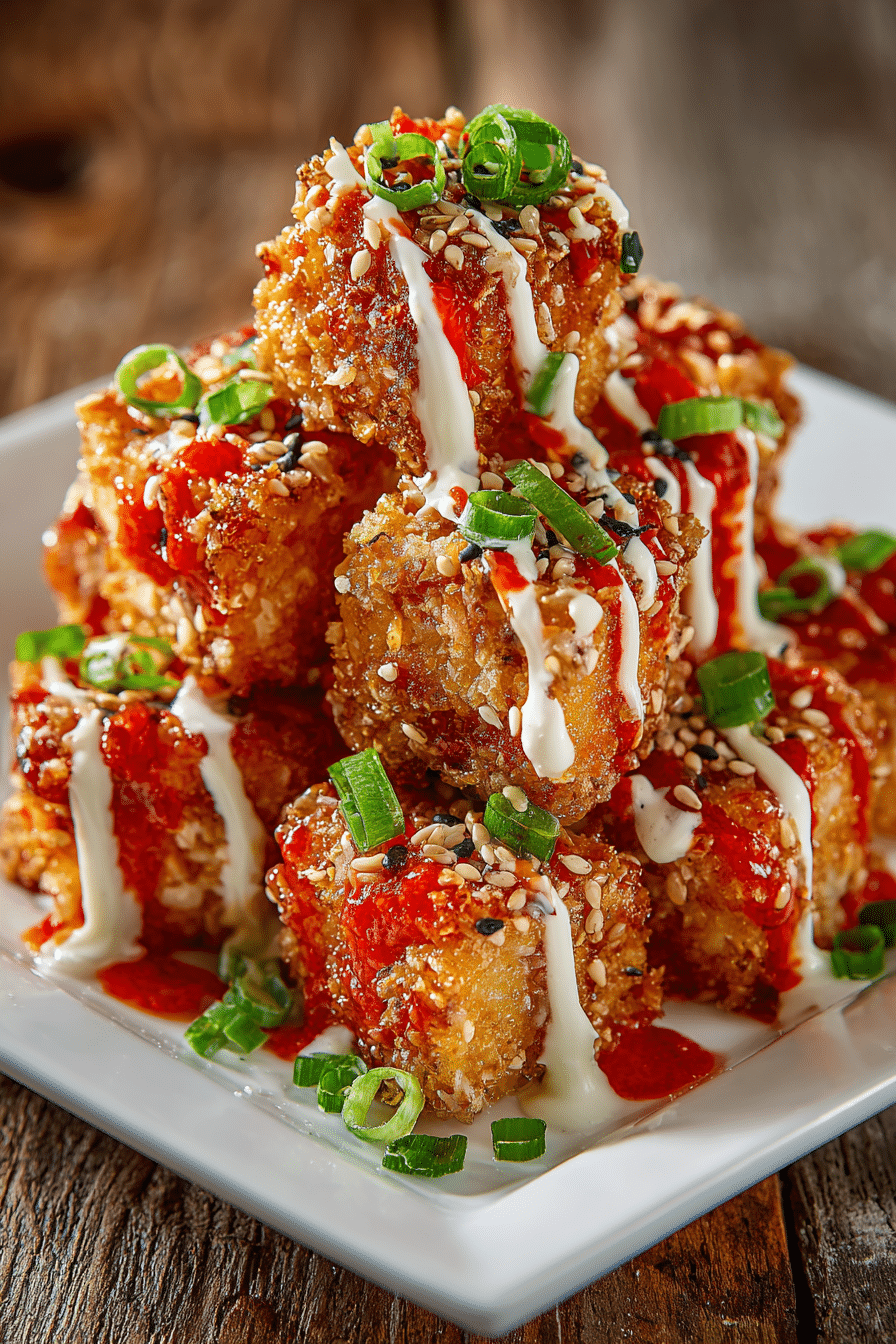 Close-up of golden crispy bite-sized salmon pieces on a white square plate, topped with creamy spicy bang bang sauce, chopped green onions, and sesame seeds on a rustic wooden surface.