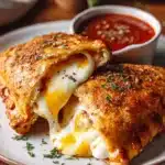 Close-up of two homemade hot pockets with crispy golden-brown crust and melted mozzarella cheese oozing from a cut-open pocket on a white ceramic plate with a small ramekin of tomato sauce with Italian seasoning, warm natural lighting.