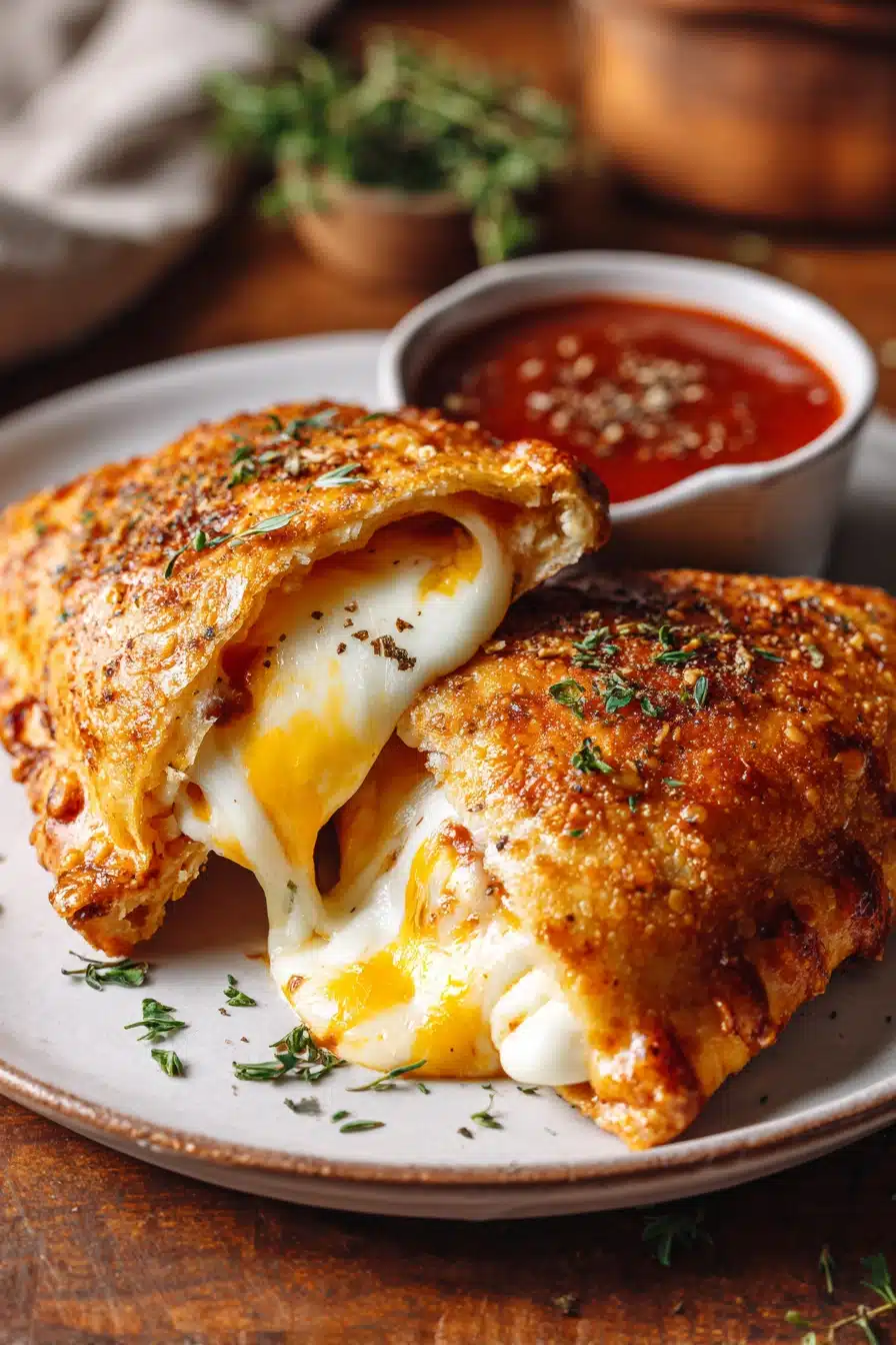 Close-up of two homemade hot pockets with crispy golden-brown crust and melted mozzarella cheese oozing from a cut-open pocket on a white ceramic plate with a small ramekin of tomato sauce with Italian seasoning, warm natural lighting.