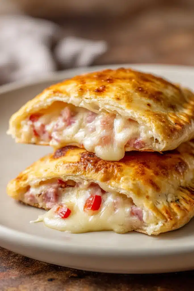 Close-up image of two homemade hot pockets with golden flaky crust and melted mozzarella cheese, cooked diced ham, diced bell peppers, and onions on a white round ceramic plate