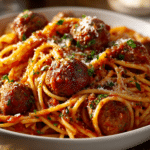 Close-up of homemade one pot spaghettios with tender spaghetti pasta coated in tomato sauce, juicy ground beef meatballs, sprinkled with parmesan cheese and green Italian herbs, served in a shallow white bowl on rustic wooden surface