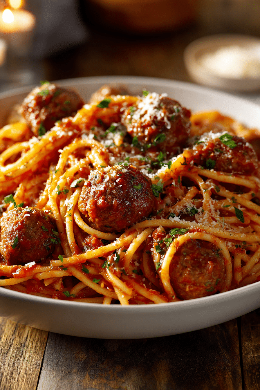 Close-up of homemade one pot spaghettios with tender spaghetti pasta coated in tomato sauce, juicy ground beef meatballs, sprinkled with parmesan cheese and green Italian herbs, served in a shallow white bowl on rustic wooden surface
