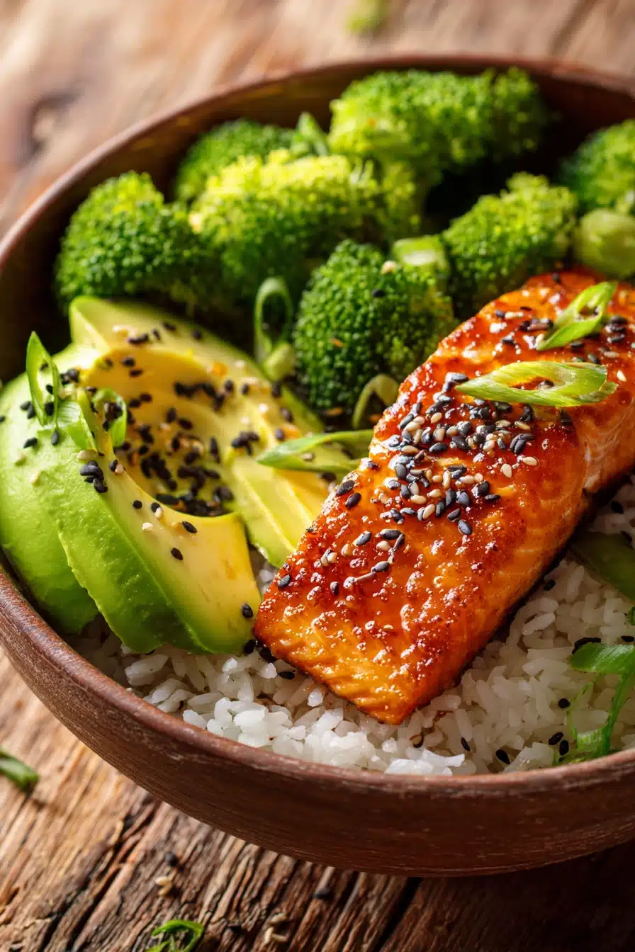 Close-up of honey glazed salmon fillet with crispy exterior on a bed of jasmine rice, steamed broccoli florets, sliced avocado, sesame seeds, and sliced green onions on a rustic wooden surface with warm natural light.