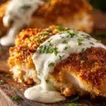 Close-up of golden brown pan-fried and oven-baked chicken breast with crispy breadcrumb crust, creamy Parmesan sauce, and parsley garnish on rustic wooden surface