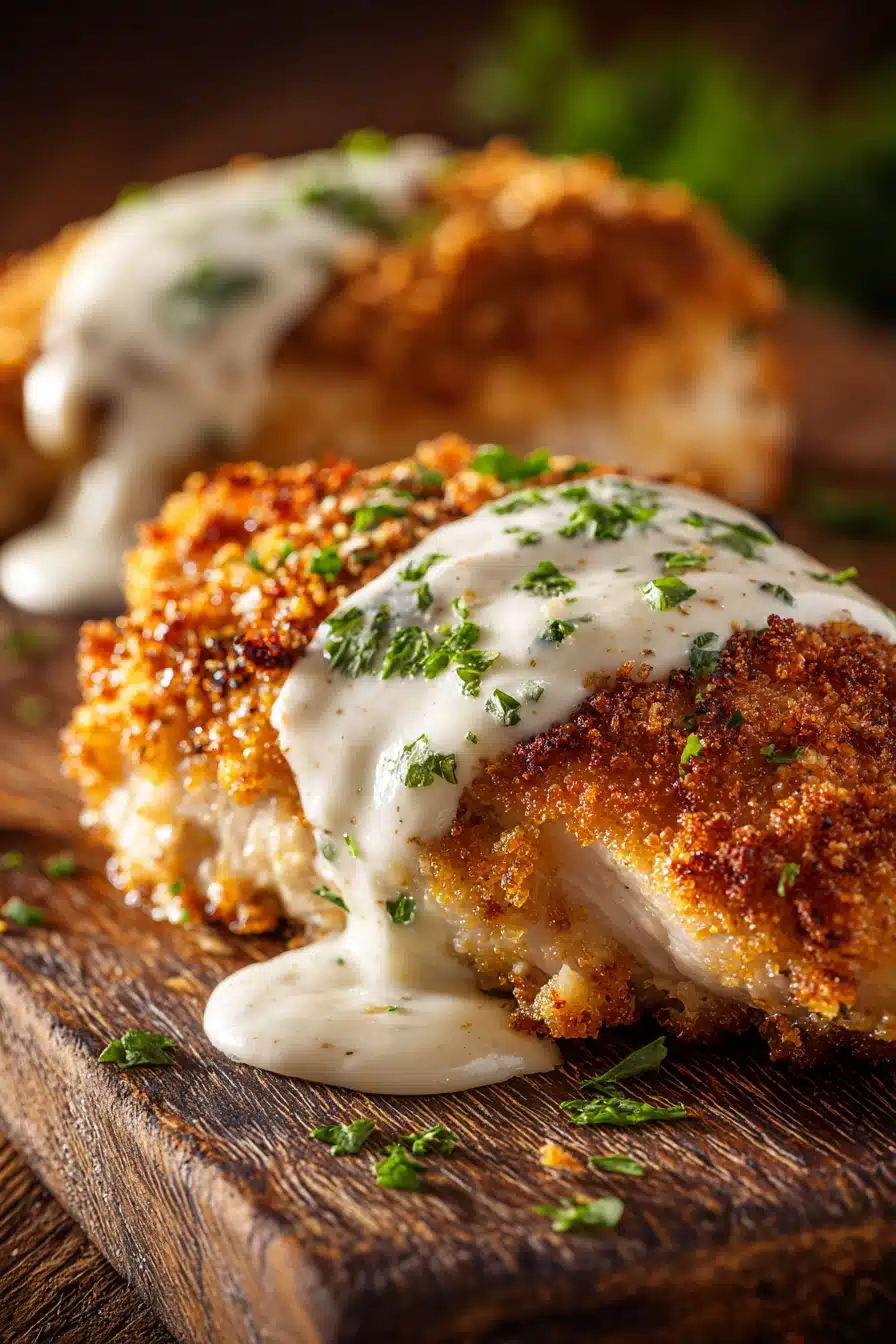 Close-up of golden brown pan-fried and oven-baked chicken breast with crispy breadcrumb crust, creamy Parmesan sauce, and parsley garnish on rustic wooden surface
