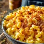 Close-up of creamy classic mac and cheese with cheddar cheese sauce and golden crispy breadcrumb topping served in a shallow round rustic bowl on a wooden surface