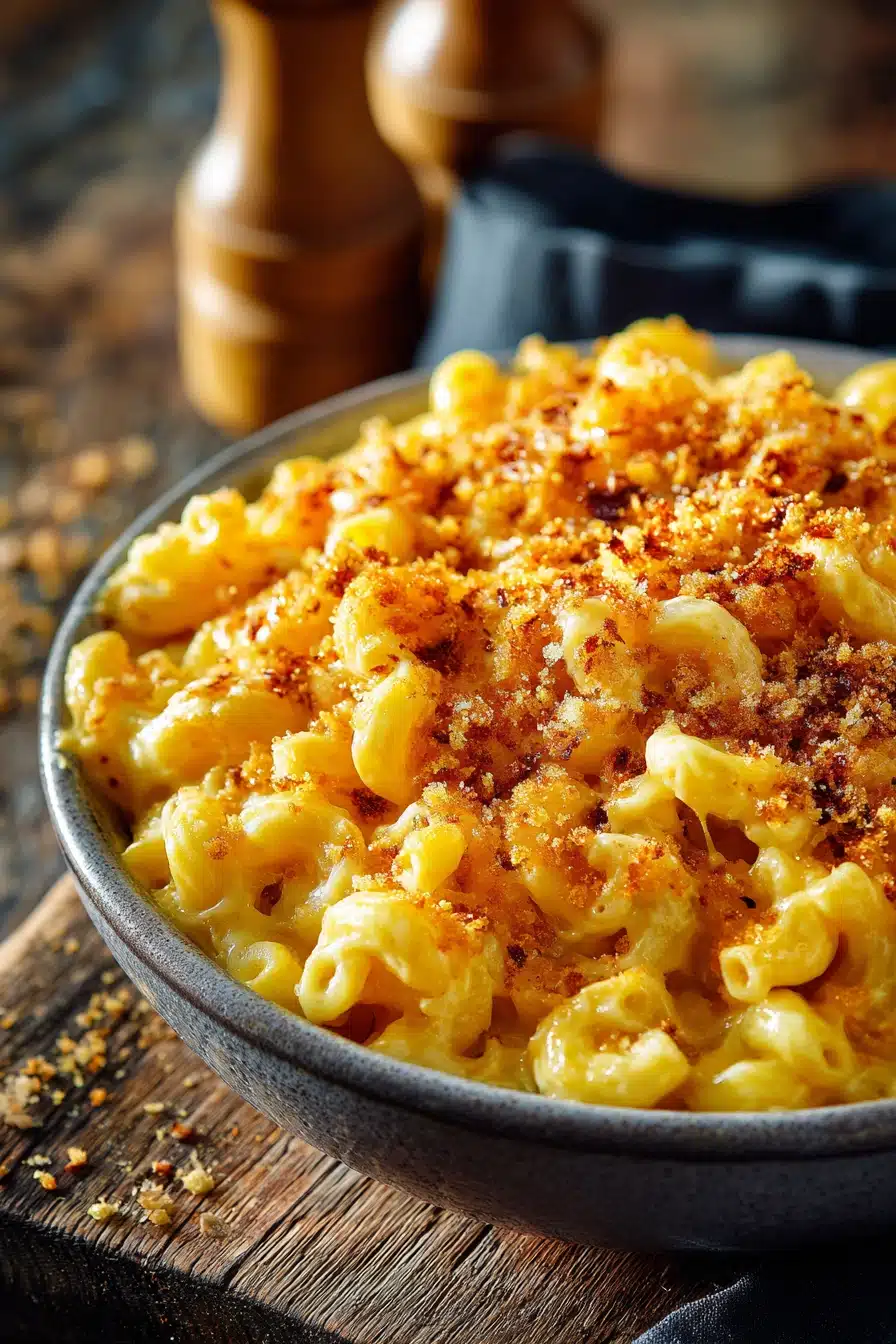 Close-up of creamy classic mac and cheese with cheddar cheese sauce and golden crispy breadcrumb topping served in a shallow round rustic bowl on a wooden surface