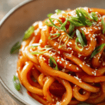 Close-up of creamy gochujang udon noodles twirled neatly in a shallow bowl, topped with sliced green onions and toasted sesame seeds on a rustic wooden surface