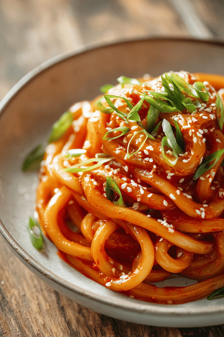 Close-up of creamy gochujang udon noodles twirled neatly in a shallow bowl, topped with sliced green onions and toasted sesame seeds on a rustic wooden surface