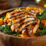 Close-up of a rustic bowl layered with pan-seared chicken breast sliced and fanned atop soft roasted sweet potatoes, fresh wilted spinach on the side, drizzled with glossy maple Dijon glaze, captured in warm natural light