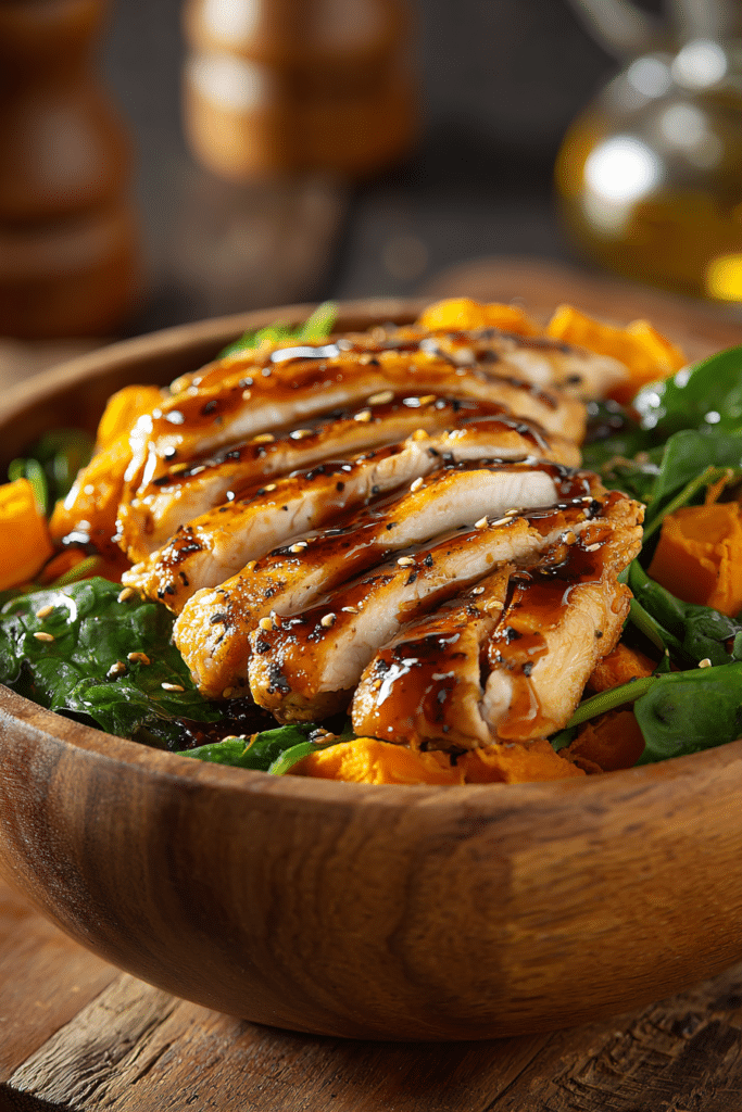 Close-up of a rustic bowl layered with pan-seared chicken breast sliced and fanned atop soft roasted sweet potatoes, fresh wilted spinach on the side, drizzled with glossy maple Dijon glaze, captured in warm natural light