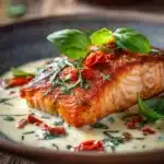 Close-up of a pan-seared salmon fillet with a crispy golden crust, topped with creamy sun-dried tomato sauce and fresh basil leaves on a rustic wooden plate