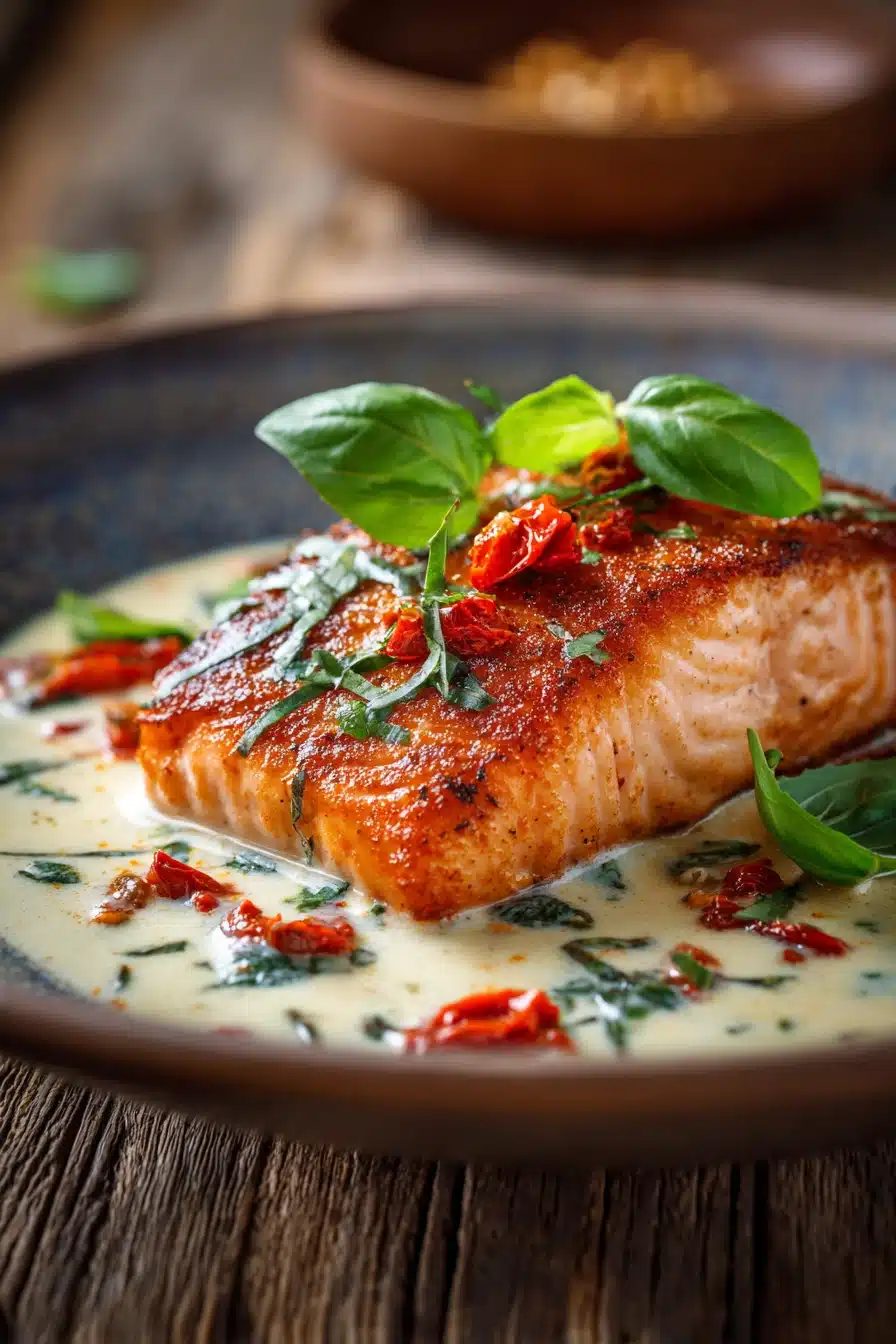 Close-up of a pan-seared salmon fillet with a crispy golden crust, topped with creamy sun-dried tomato sauce and fresh basil leaves on a rustic wooden plate