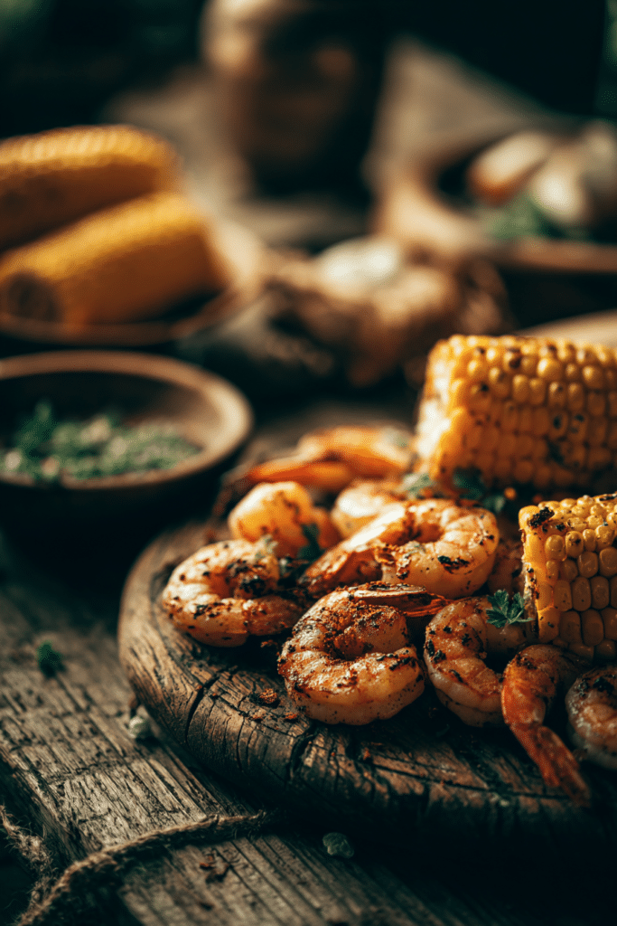 Close-up of Mexican street corn topped with creamy sauce and juicy spiced shrimp on a rustic wooden surface with warm natural light.