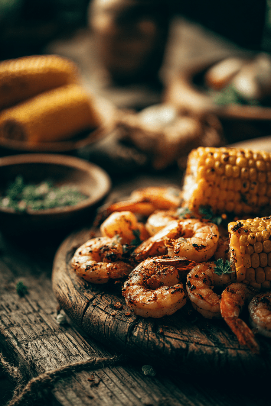 Close-up of Mexican street corn topped with creamy sauce and juicy spiced shrimp on a rustic wooden surface with warm natural light.