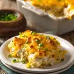 Close-up of a creamy, cheesy baked chicken casserole with golden browned cracker topping and chopped green onions, served in a rustic casserole dish and on a white plate