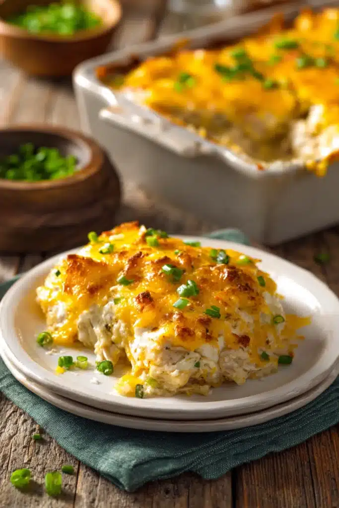 Close-up of a creamy, cheesy baked chicken casserole with golden browned cracker topping and chopped green onions, served in a rustic casserole dish and on a white plate