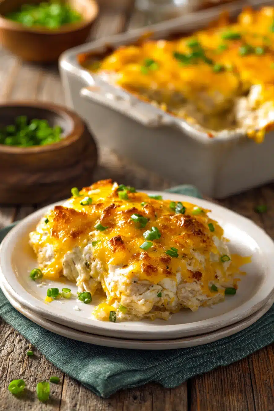 Close-up of a creamy, cheesy baked chicken casserole with golden browned cracker topping and chopped green onions, served in a rustic casserole dish and on a white plate