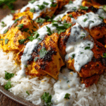 Close-up of one pot shawarma chicken thighs with golden spices and fluffy white rice on a rustic plate, garnished with creamy garlic yogurt sauce and fresh green parsley.