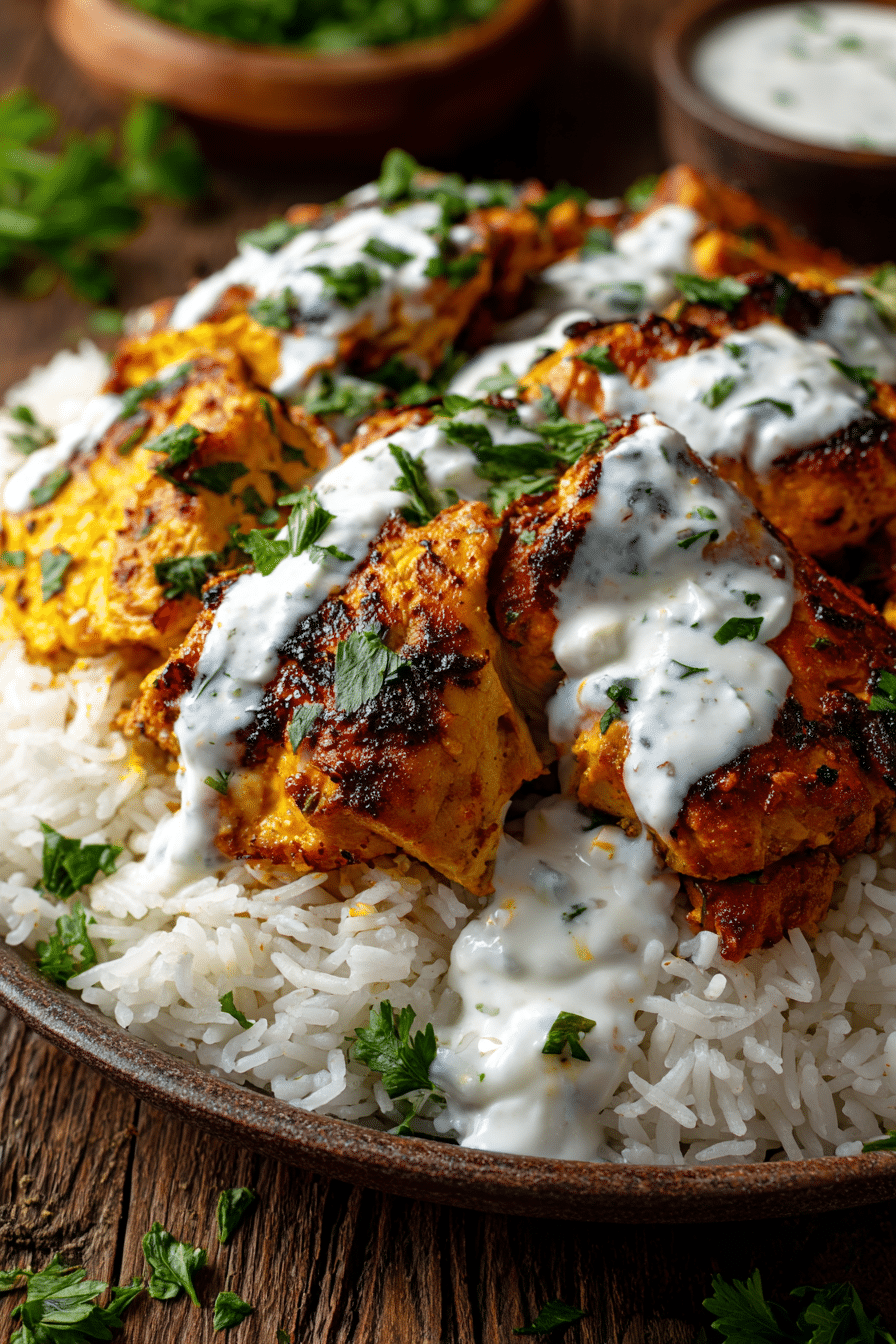 Close-up of one pot shawarma chicken thighs with golden spices and fluffy white rice on a rustic plate, garnished with creamy garlic yogurt sauce and fresh green parsley.
