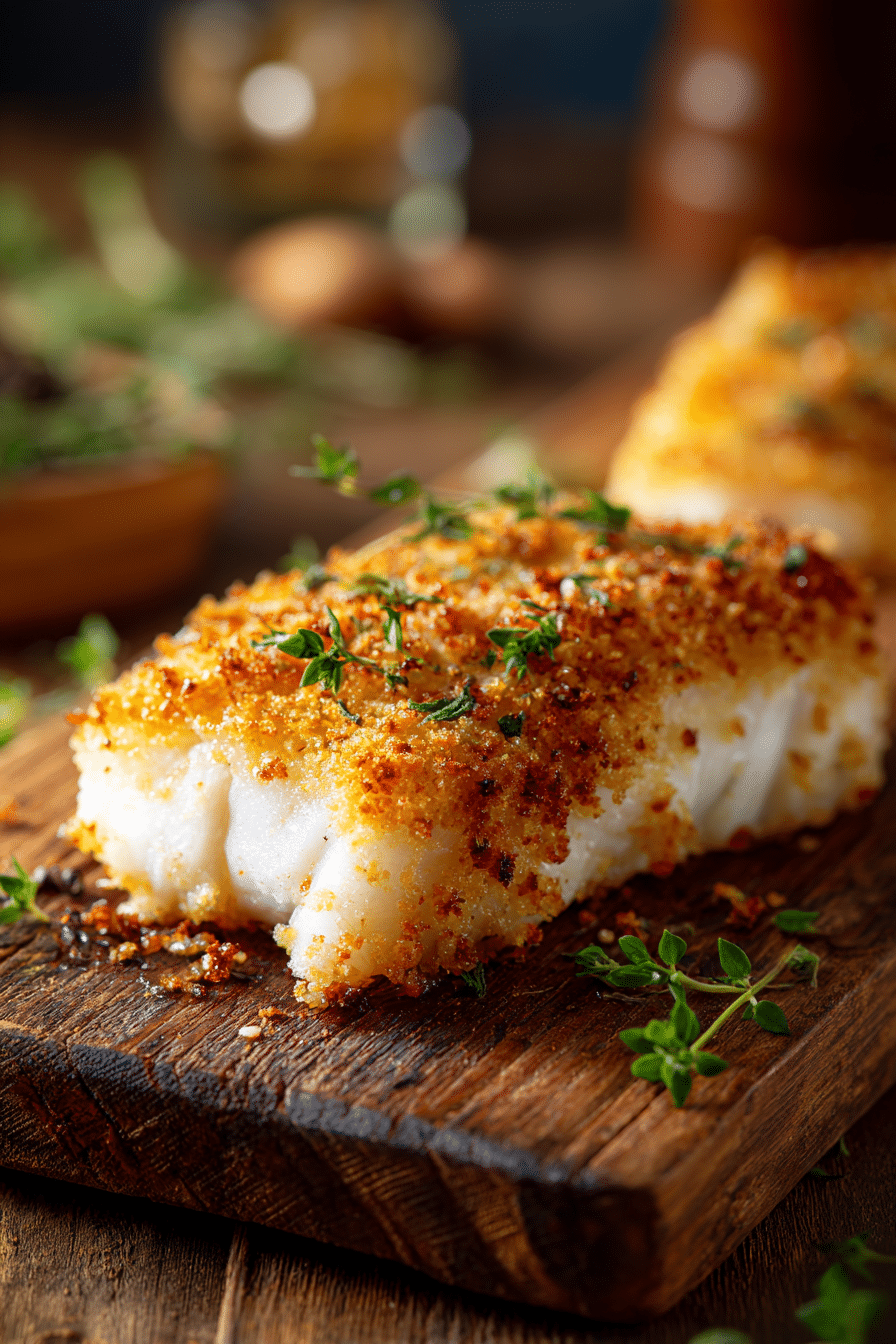 Close-up of golden Parmesan-crusted white fish fillet on rustic wooden board with warm natural light highlighting crispy texture