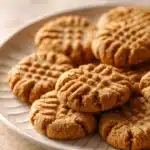 Close-up of soft and chewy peanut butter cookies arranged neatly on a white ceramic plate, showing the golden brown crisscross fork pattern in warm natural light.