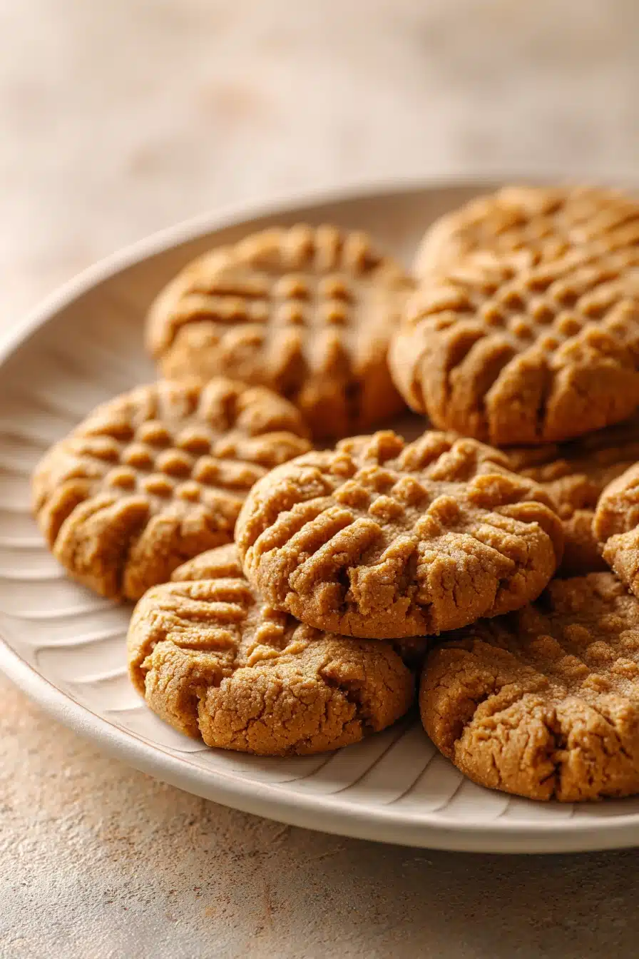Close-up of soft and chewy peanut butter cookies arranged neatly on a white ceramic plate, showing the golden brown crisscross fork pattern in warm natural light.