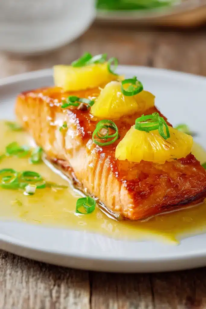 Close-up of pan-seared and oven-baked salmon fillet with crispy golden brown crust, glazed with bright pineapple sauce, garnished with thin pineapple slices and chopped green onions on a white plate.