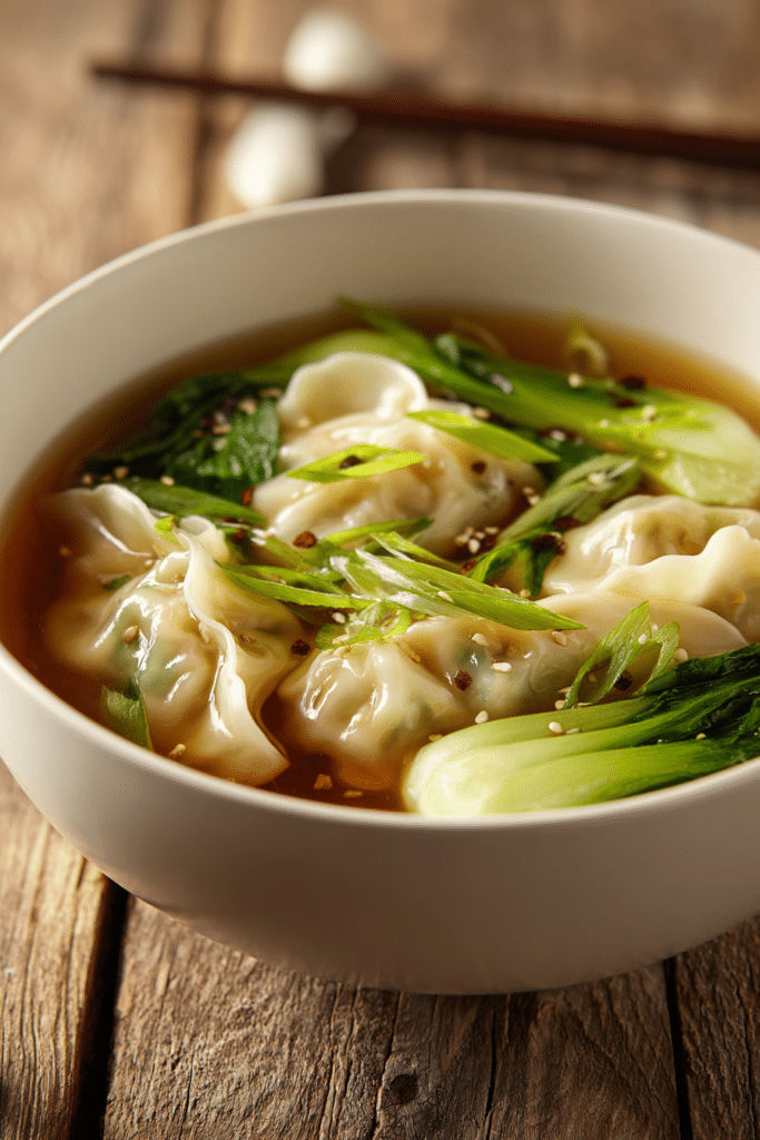 Close-up of potsticker soup served in a white bowl with soft dumplings, bright green bok choy and scallions in a clear soy-ginger broth, garnished with sesame oil drizzle