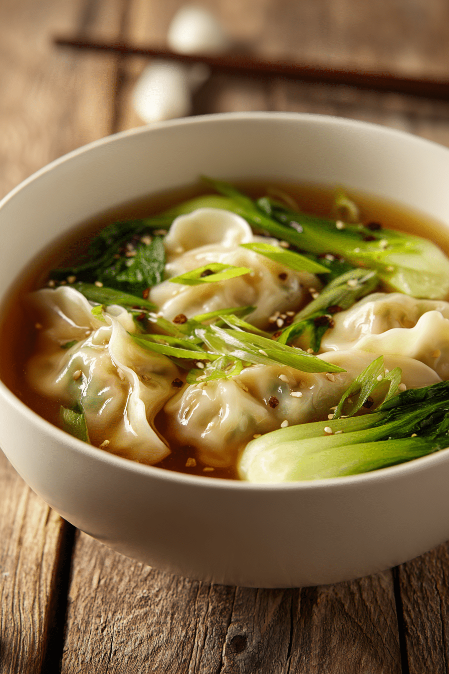 Close-up of potsticker soup served in a white bowl with soft dumplings, bright green bok choy and scallions in a clear soy-ginger broth, garnished with sesame oil drizzle