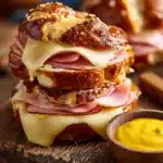 Close-up of two toasted pretzel sandwich halves stacked on a wooden board, featuring soft pretzel buns with coarse salt, melted Swiss cheese, sliced deli ham, and a small ramekin of Dijon mustard