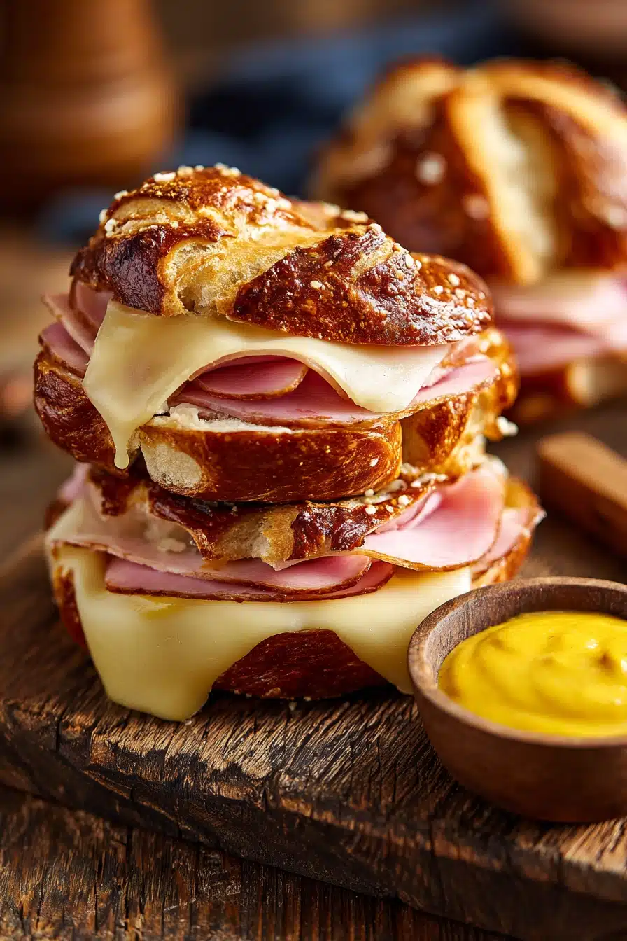 Close-up of two toasted pretzel sandwich halves stacked on a wooden board, featuring soft pretzel buns with coarse salt, melted Swiss cheese, sliced deli ham, and a small ramekin of Dijon mustard