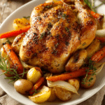 Close-up of a whole roasted chicken with crispy golden skin on a white oval platter, surrounded by roasted carrots, baby potatoes, yellow onions, and fresh rosemary and thyme sprigs on a rustic wooden surface.